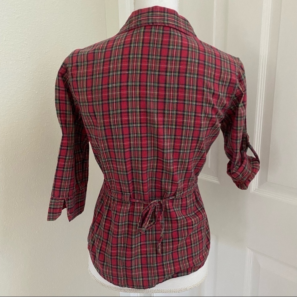 Magazine Red Plaid Button Front Collar Shirt Tab Sleeves Tie Back Sz Small - Picture 9 of 10